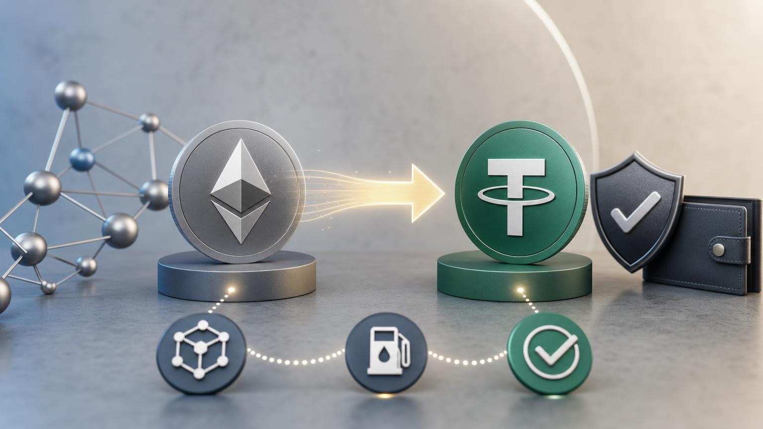 Ruta visual para cambiar ETH por USDT comprobando la red, la dirección, el gas y las confirmaciones de la transacción